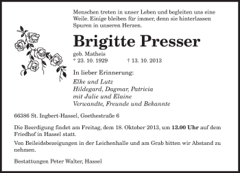 Todesanzeige von Brigitte Presser von saarbruecker_zeitung