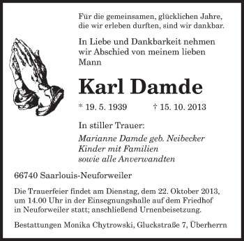 Todesanzeige von Karl Damde von saarbruecker_zeitung