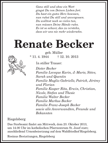 Todesanzeige von Renate Becker von saarbruecker_zeitung
