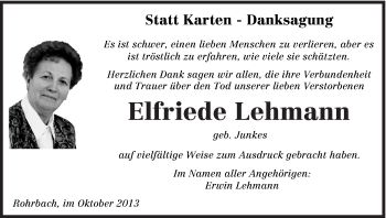 Todesanzeige von Elfriede Lehman von saarbruecker_zeitung