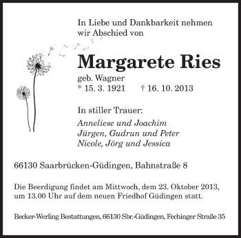 Todesanzeige von Margarete Ries von saarbruecker_zeitung