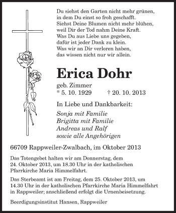 Todesanzeige von Erica Dohr von saarbruecker_zeitung