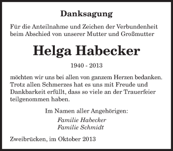 Todesanzeige von Helga Habecker von saarbruecker_zeitung