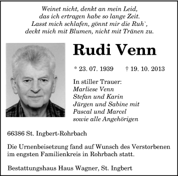 Todesanzeige von Rudi Venn von saarbruecker_zeitung