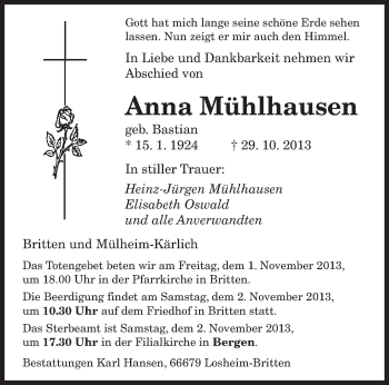 Todesanzeige von Anna Mühlhausen von saarbruecker_zeitung