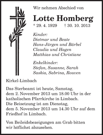Todesanzeige von Lotte Homberg von saarbruecker_zeitung