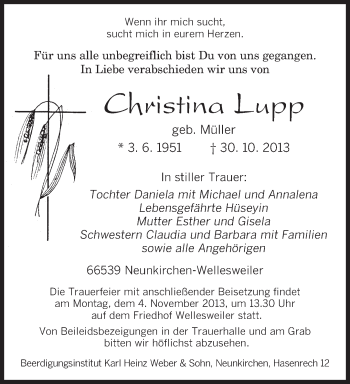 Todesanzeige von Christina Lupp von saarbruecker_zeitung