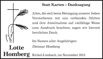 Todesanzeige von Lotte Homberg von saarbruecker_zeitung