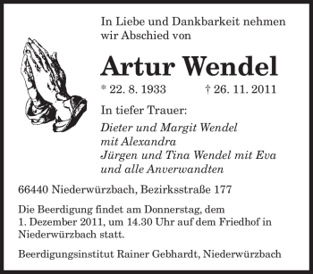 Todesanzeige von Artur Wendel von SAARBRÜCKER ZEITUNG