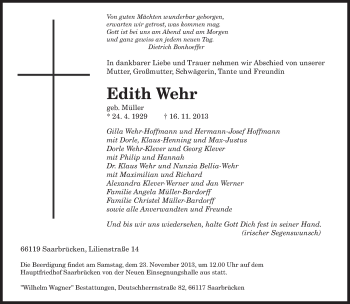 Todesanzeige von Edith Wehr von saarbruecker_zeitung