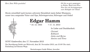 Todesanzeige von Edgar Hamm von saarbruecker_zeitung