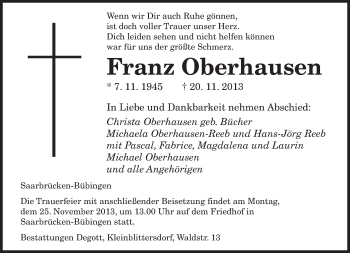 Todesanzeige von Franz Oberhausen von saarbruecker_zeitung