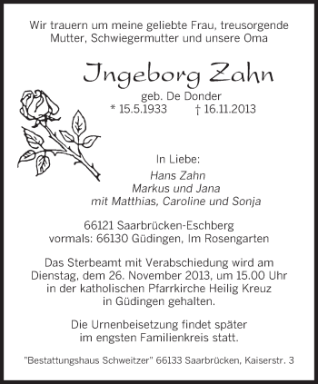 Todesanzeige von Ingeborg Zahn von saarbruecker_zeitung