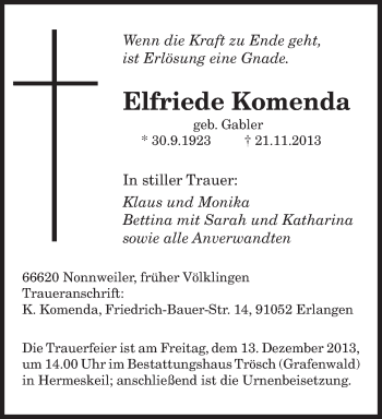 Todesanzeige von Elfriede Komenda von saarbruecker_zeitung