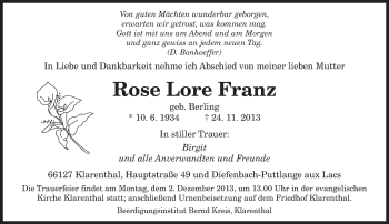 Todesanzeige von Rose Lore Franz von saarbruecker_zeitung