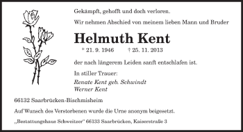 Todesanzeige von Helmuth Kent von saarbruecker_zeitung