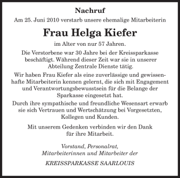 Todesanzeige von Helga Kiefer von SAARBRÜCKER ZEITUNG