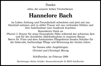 Todesanzeige von Hannelore Bach von SAARBRÜCKER ZEITUNG