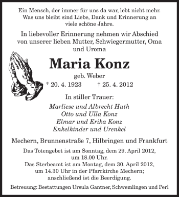Todesanzeige von Maria Konz von SAARBRÜCKER ZEITUNG