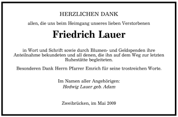 Todesanzeige von Friedrich Lauer von SAARBRÜCKER ZEITUNG