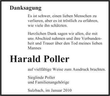 Todesanzeige von Harald Poller von SAARBRÜCKER ZEITUNG