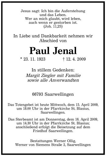 Todesanzeige von Paul Jenal von SAARBRÜCKER ZEITUNG