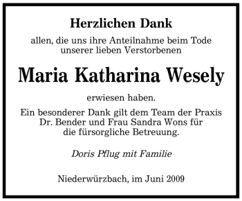 Todesanzeige von Maria Katharina Wesely von SAARBRÜCKER ZEITUNG