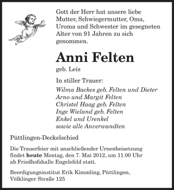 Todesanzeige von Anni Felten von SAARBRÜCKER ZEITUNG