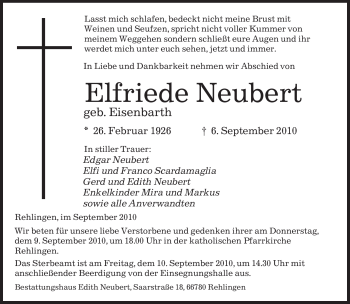 Todesanzeige von Elfriede Neubert von SAARBRÜCKER ZEITUNG