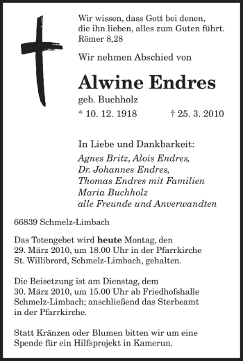 Todesanzeige von Alwine Endres von SAARBRÜCKER ZEITUNG