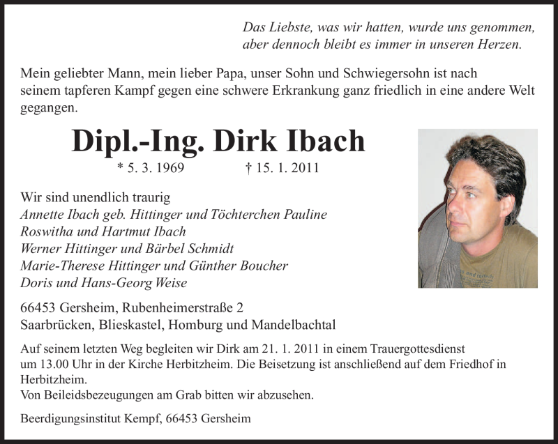  Traueranzeige für Dirk Ibach vom 19.01.2011 aus SAARBRÜCKER ZEITUNG