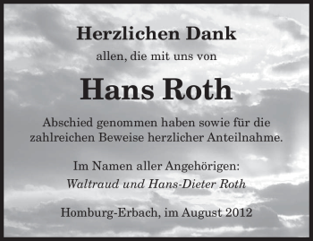 Todesanzeige von Hans Roth von SAARBRÜCKER ZEITUNG