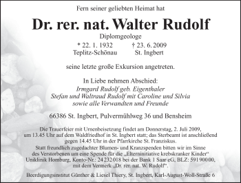 Todesanzeige von Walter Rudolf von SAARBRÜCKER ZEITUNG