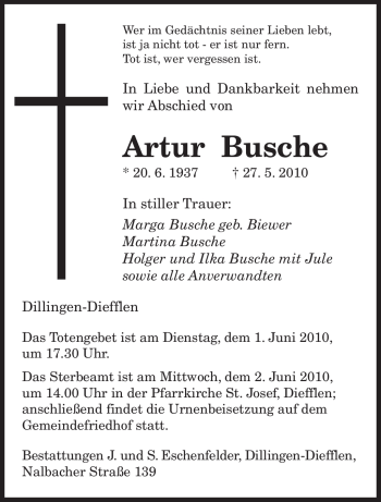 Todesanzeige von Artur Busche von SAARBRÜCKER ZEITUNG