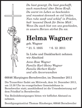Todesanzeige von Helma Wagner von SAARBRÜCKER ZEITUNG