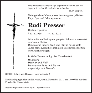 Todesanzeige von Rudi Presser von SAARBRÜCKER ZEITUNG