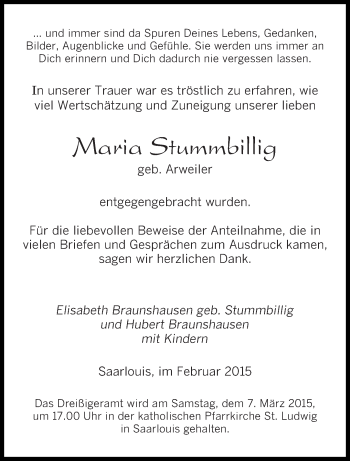 Todesanzeige von Maria Stummbillig von saarbruecker_zeitung