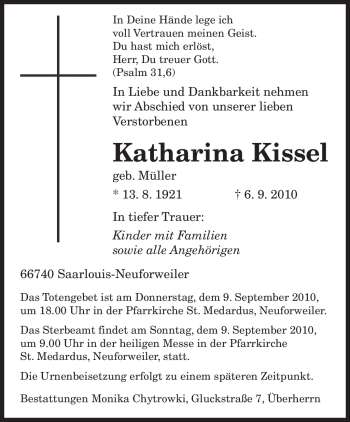 Todesanzeige von Katharina Kissel von SAARBRÜCKER ZEITUNG