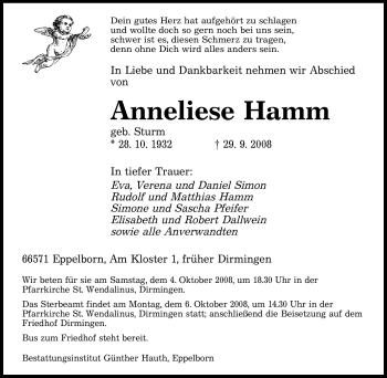 Todesanzeige von Anneliese Hamm von SAARBRÜCKER ZEITUNG