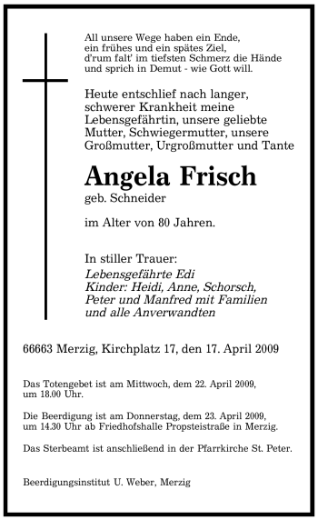 Todesanzeige von Angela Frisch von SAARBRÜCKER ZEITUNG