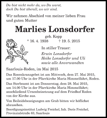 Todesanzeige von Marlies Lonsdorfer von saarbruecker_zeitung