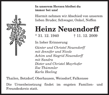 Todesanzeige von Heinz Neuendorff von SAARBRÜCKER ZEITUNG