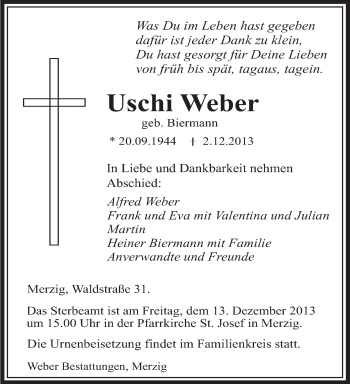 Todesanzeige von Uschi Weber von saarbruecker_zeitung