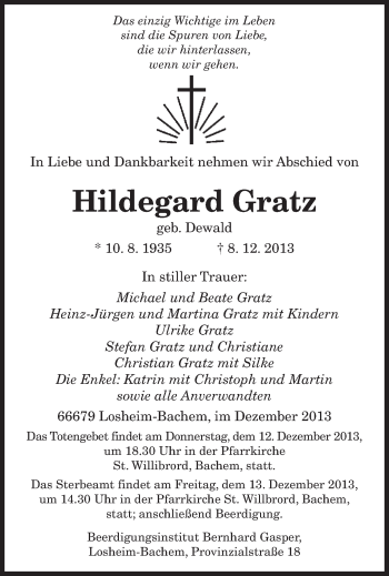 Todesanzeige von Hildegard Gratz von saarbruecker_zeitung