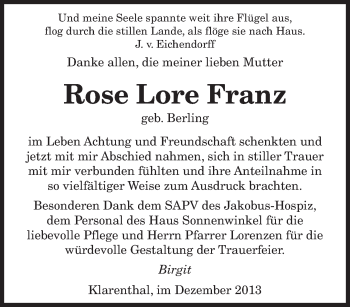 Todesanzeige von Rose Lore Franz von saarbruecker_zeitung