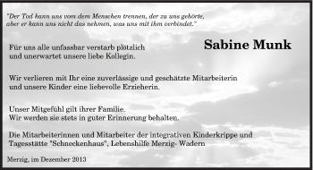 Todesanzeige von Sabine Munk von saarbruecker_zeitung