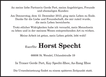 Todesanzeige von Horst Specht von saarbruecker_zeitung