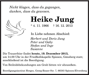 Todesanzeige von Heike Jung von saarbruecker_zeitung