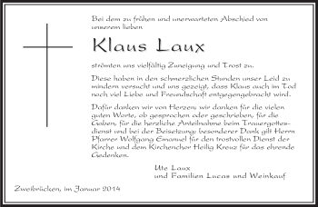 Todesanzeige von Kllaus Laux von saarbruecker_zeitung