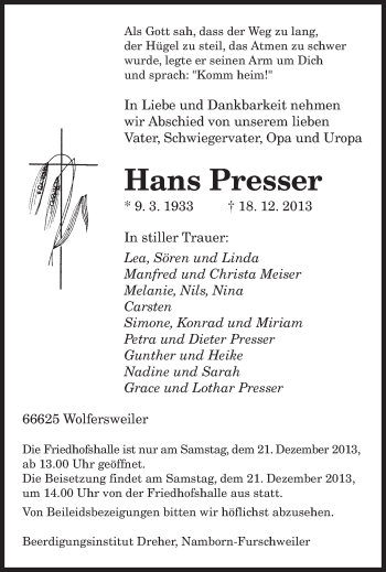 Todesanzeige von Hans Presser von saarbruecker_zeitung